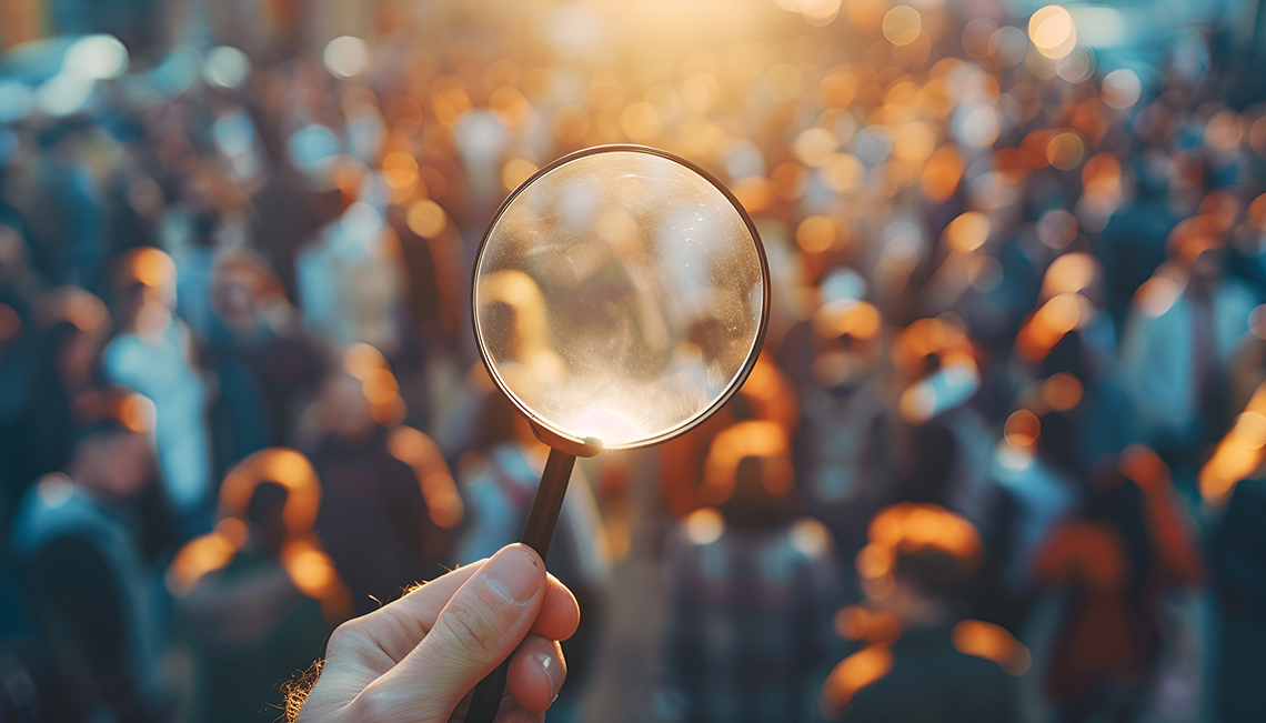 Person studying a crowd of people with a magnifying glass